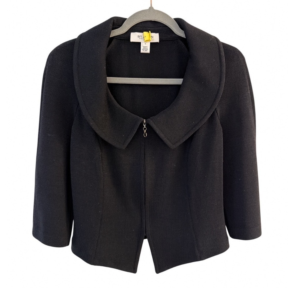 St John Collection Black Wool Blend Portrait Collar Zip Front Knit Jacket Size 4